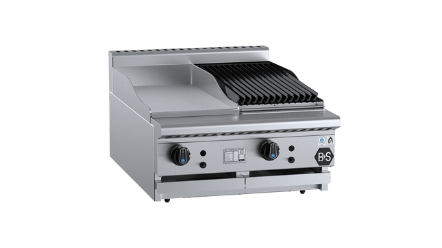 B+S Black Combination Boiling Tops - Combination 300mm Grill Plate &amp; 300mm Char Broiler Bench Mounted