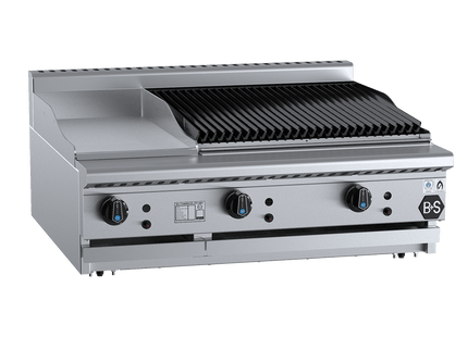 B+S Black Combination Boiling Tops - Combination 300mm Grill Plate &amp; 600mm Char Broiler Bench Mounted