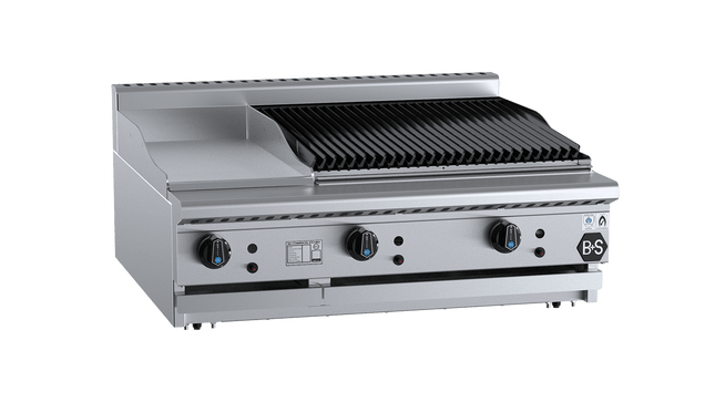 B+S Black Combination Boiling Tops - Combination 300mm Grill Plate &amp; 600mm Char Broiler Bench Mounted