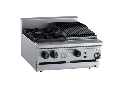 B+S Black Combination Boiling Tops - Combination Two Open Burners &amp; 300mm Char Broiler Bench Mounted