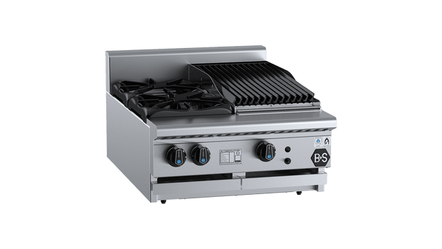 B+S Black Combination Boiling Tops - Combination Two Open Burners &amp; 300mm Char Broiler Bench Mounted
