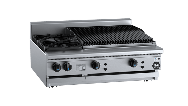 B+S Black Combination Boiling Tops - Combination Two Open Burners &amp; 600mm Char Broiler Bench Mounted
