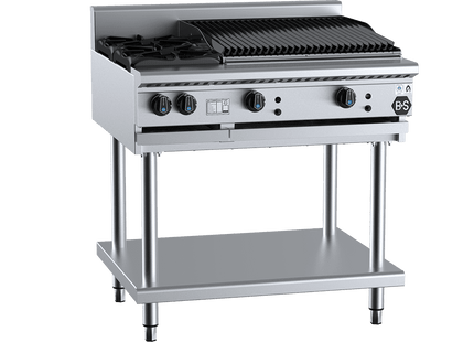 B+S Black Combination Boiling Tops - Combination Two Open Burners &amp; 600mm Char Broiler