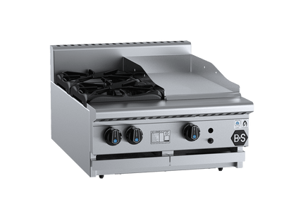 B+S Black Combination Boiling Tops - Combination Two Open Burners &amp; 300mm Grill Plate Bench Mounted