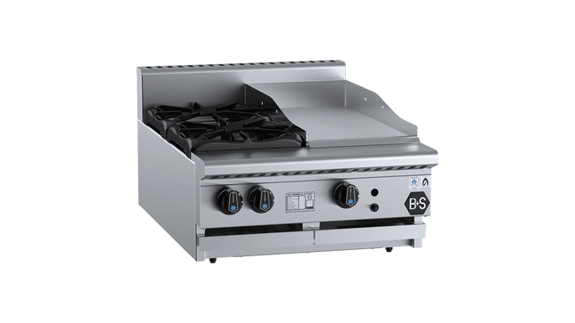 B+S Black Combination Boiling Tops - Combination Two Open Burners &amp; 300mm Grill Plate Bench Mounted