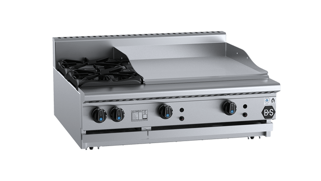 B+S Black Combination Boiling Tops - Combination Two Open Burners &amp; 600mm Grill Plate Bench Mounted