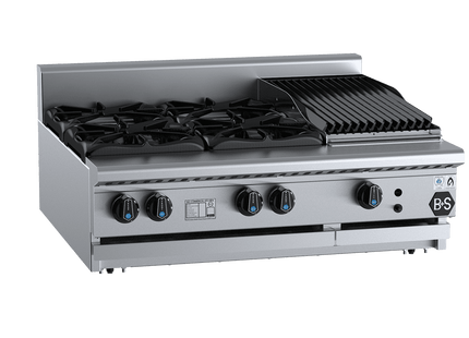 B+S Black Combination Boiling Tops - Combination Four Open Burners &amp; 300mm Char Broiler Bench Mounted