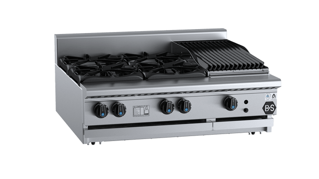B+S Black Combination Boiling Tops - Combination Four Open Burners &amp; 300mm Char Broiler Bench Mounted