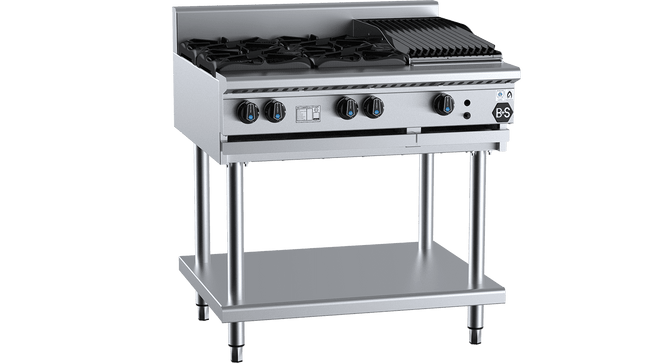 B+S Black Combination Boiling Tops - Combination Four Open Burners &amp; 300mm Char Broiler