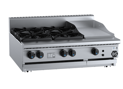 B+S Black Combination Boiling Tops - Combination Four Open Burners &amp; 300mm Grill Plate Bench Mounted