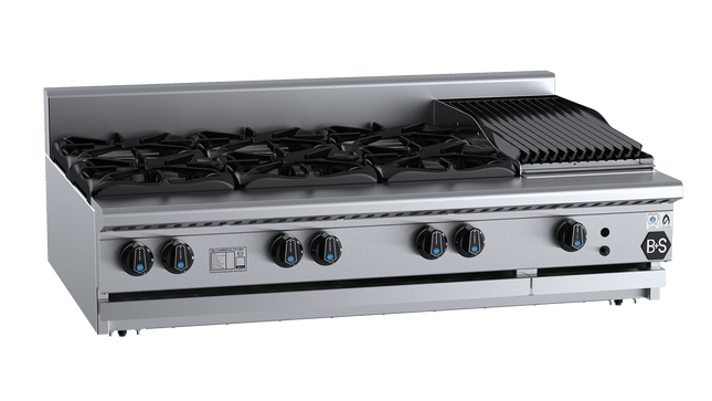 B+S Black Combination Boiling Tops - Combination Six Open Burners &amp; 300mm Char Broiler Bench Mounted
