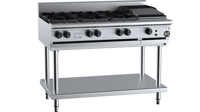 B+S Black Combination Boiling Tops - Combination Six Open Burners &amp; 300mm Char Broiler
