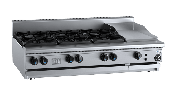 B+S Black Combination Boiling Tops - Combination Six Open Burners &amp; 300mm Grill Plate Bench Mounted