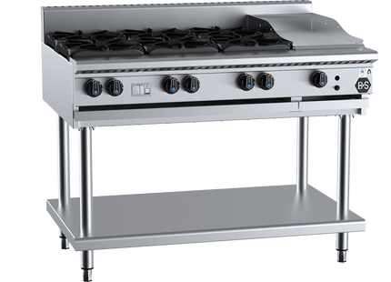 B+S Black Combination Boiling Tops - Combination Six Open Burners &amp; 300mm Grill Plate