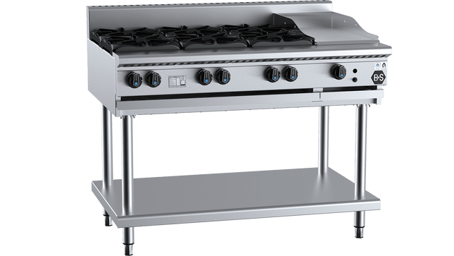 B+S Black Combination Boiling Tops - Combination Six Open Burners &amp; 300mm Grill Plate