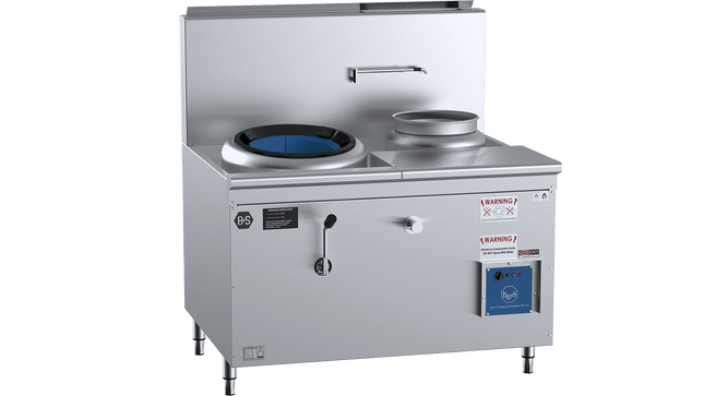B+S Black Waterless HiPac Wok Tables - Single Hole Hi Pac Wok with Right Rear Pot and Side Prep Table