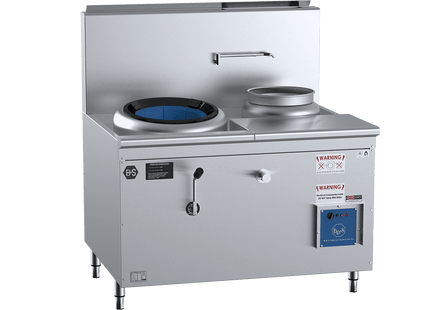 B+S Black Waterless HiPac Wok Tables - Single Hole Hi Pac Wok with Right Rear Pot and Side Prep Table