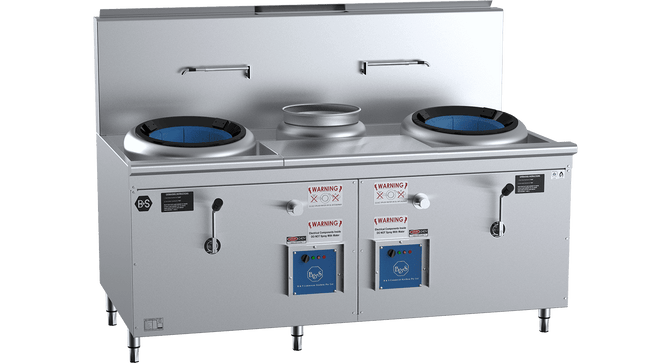 B+S Black Waterless HiPac Wok Tables - Double Hole Hi Pac Wok with Centre Pot and Prep Table