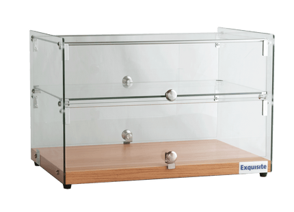 Exquisite CD50-Oak Two Tiers Flat Glass Ambient Cake Display – Natural Oak Colour 50 Litre