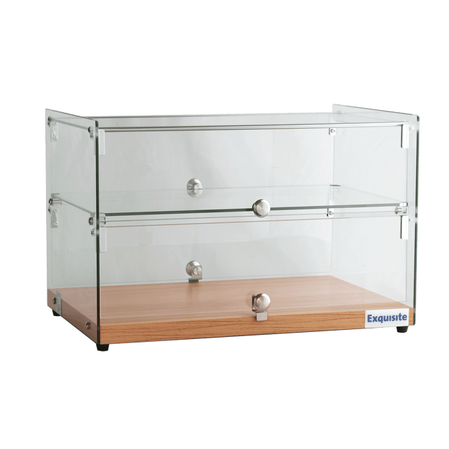 Exquisite CD50-Oak Two Tiers Flat Glass Ambient Cake Display – Natural Oak Colour 50 Litre