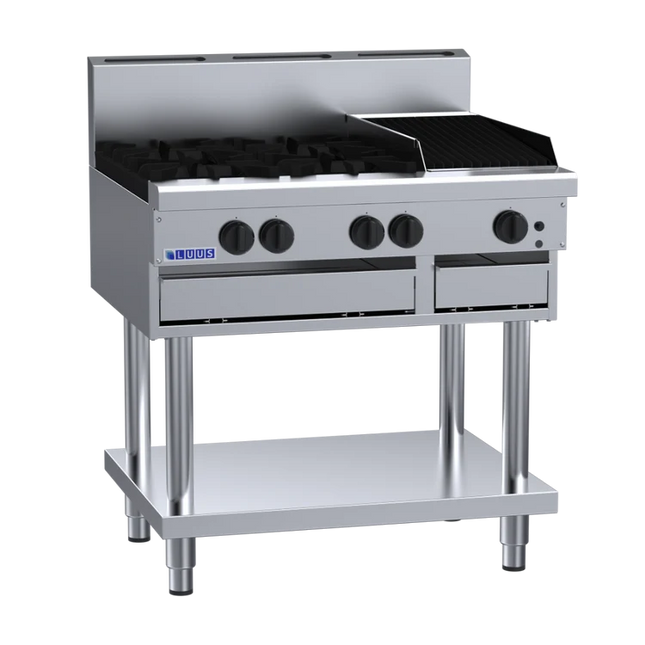 Luus Professional CS-4B3C 900mm Commercial Gas 4 Burner & 300mm Chargrill Cooktop