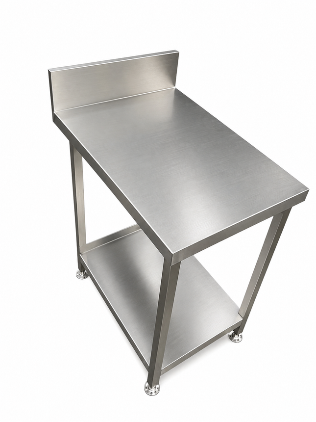 Stainless Steel Mobile Work Bench with Splashback & Lower Shelf