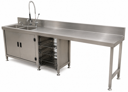 Custom Stainless Steel Double Sink & Drain Bench, Cabinet & Rack Storage