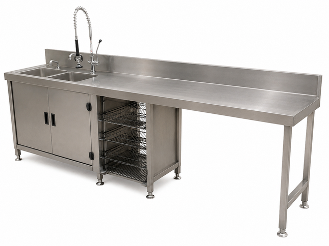 Custom Stainless Steel Double Sink & Drain Bench, Cabinet & Rack Storage