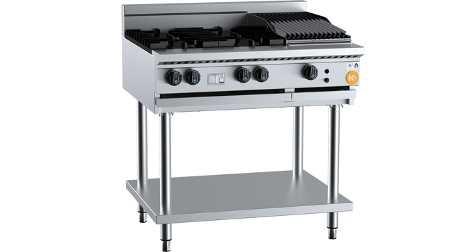 K+ Combination Boiling Tops - Combination Four Open Burners &amp; 300mm Char Broiler On Stand
