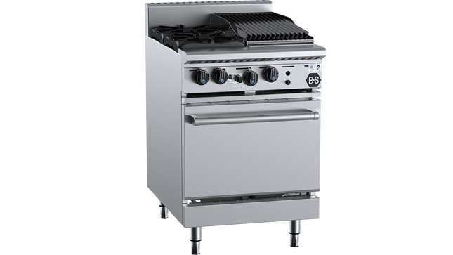 B+S Black Combination Ovens - Oven with Two Open Burners &amp; 300mm Char Broiler