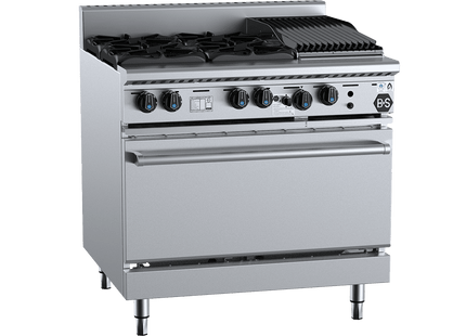 B+S Black Combination Ovens - Oven with Four Open Burners &amp; 300mm Char Broiler