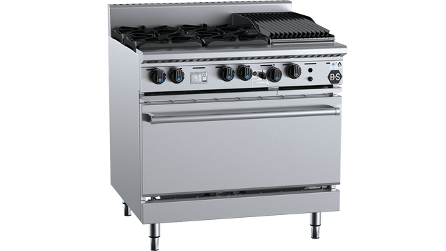 B+S Black Combination Ovens - Oven with Four Open Burners &amp; 300mm Char Broiler