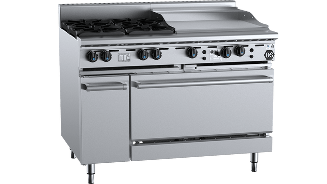 B+S Black Combination Ovens - Oven with Four Open Burner &amp; 600mm Grill Plate