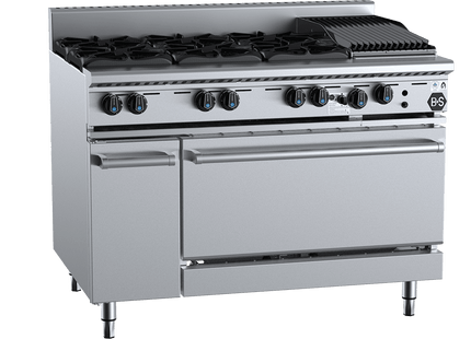 B+S Black Combination Ovens - Oven with Six Burners &amp; 300mm Char Broiler