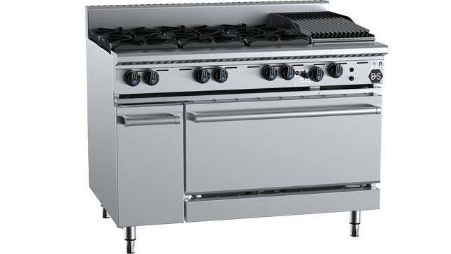 B+S Black Combination Ovens - Oven with Six Burners &amp; 300mm Char Broiler