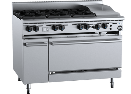 B+S Black Combination Ovens - Oven with Six Burners &amp; 300mm Grill Plate