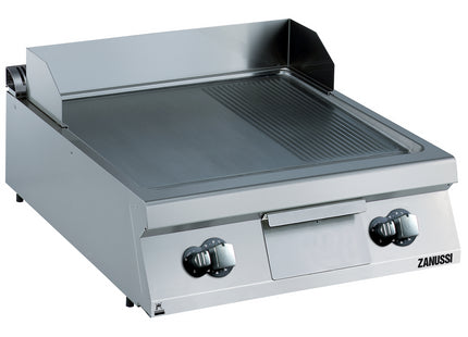 Zanussi  Evo900 800Mm Gas Fry Top Smooth And Ribbed Brushed Chrome Sloped Plate 392403