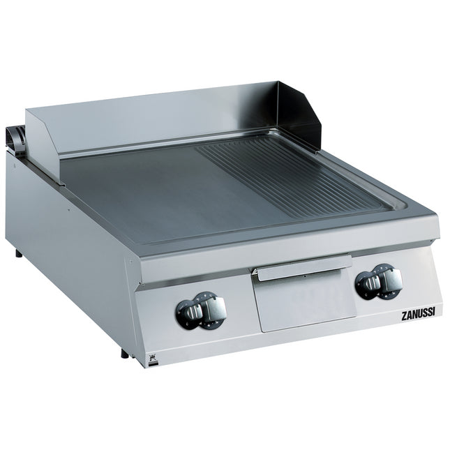 Zanussi  Evo900 800Mm Gas Fry Top Smooth And Ribbed Brushed Chrome Sloped Plate 392403
