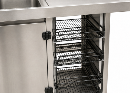 Custom Stainless Steel Double Sink & Drain Bench, Cabinet & Rack Storage
