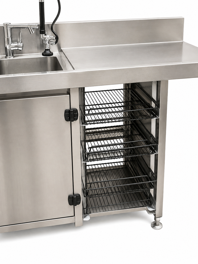 Custom Stainless Steel Double Sink & Drain Bench, Cabinet & Rack Storage