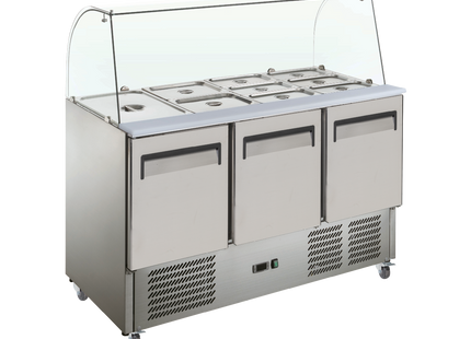 Exquisite Three Door Stainless Steel Top Food Preparation Refrigerators with Glass Canopy (Excluding Pans)
