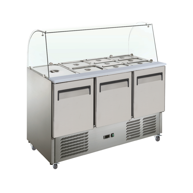 Exquisite Three Door Stainless Steel Top Food Preparation Refrigerators with Glass Canopy (Excluding Pans)