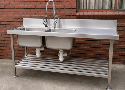 Stainless Steel Double Bowl Sink Bench, Splashback & Slatted Undershelf