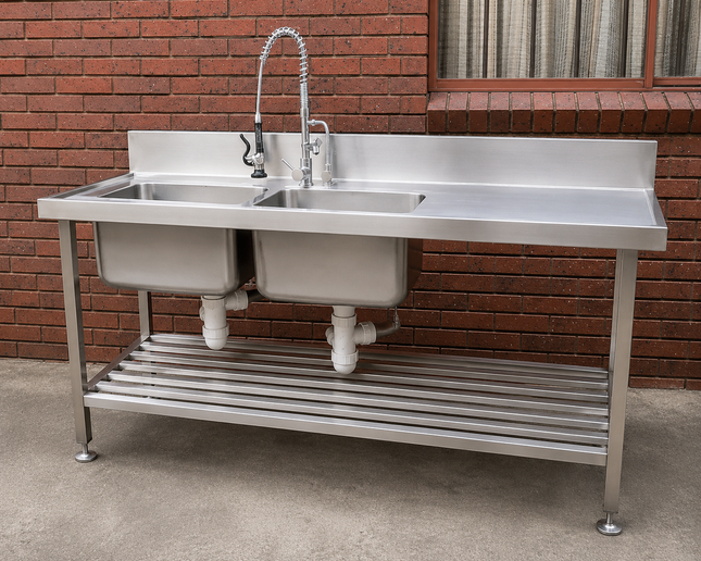 Stainless Steel Double Bowl Sink Bench, Splashback & Slatted Undershelf