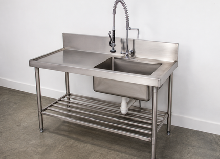 Stainless Steel Single Bowl Sink Bench, Splashback & Slatted Undershelf