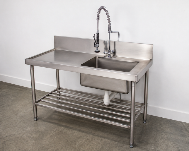 Stainless Steel Single Bowl Sink Bench, Splashback & Slatted Undershelf