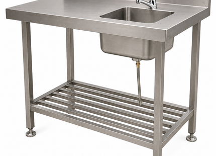 Stainless Steel Single Bowl Sink Bench with Splashback & Slatted Undershelf