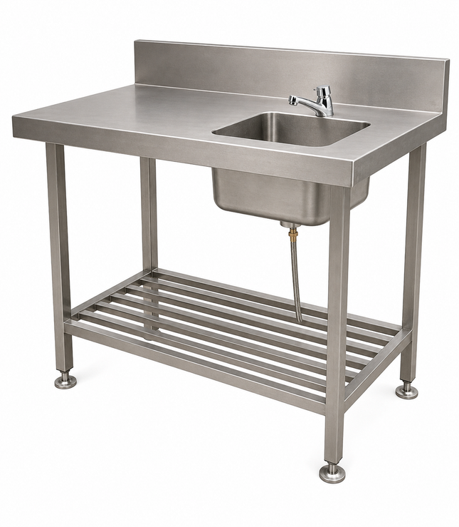 Stainless Steel Single Bowl Sink Bench with Splashback & Slatted Undershelf