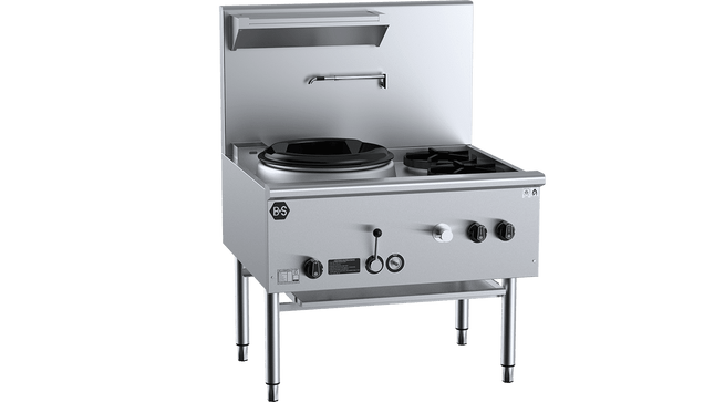B+S Black Waterless Wok Tables - One Hole Deluxe Waterless Wok Table with Two Side Burners