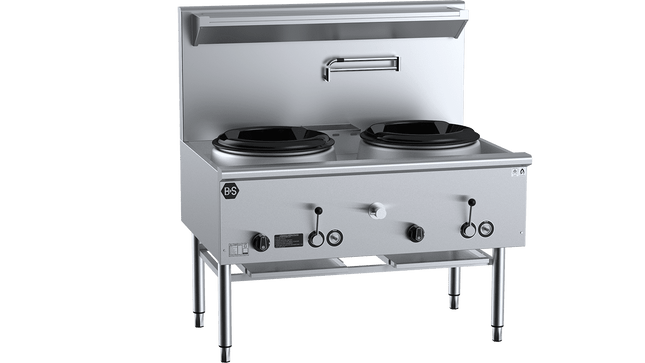 B+S Black Waterless Wok Tables - Two Hole Deluxe Waterless wok Table